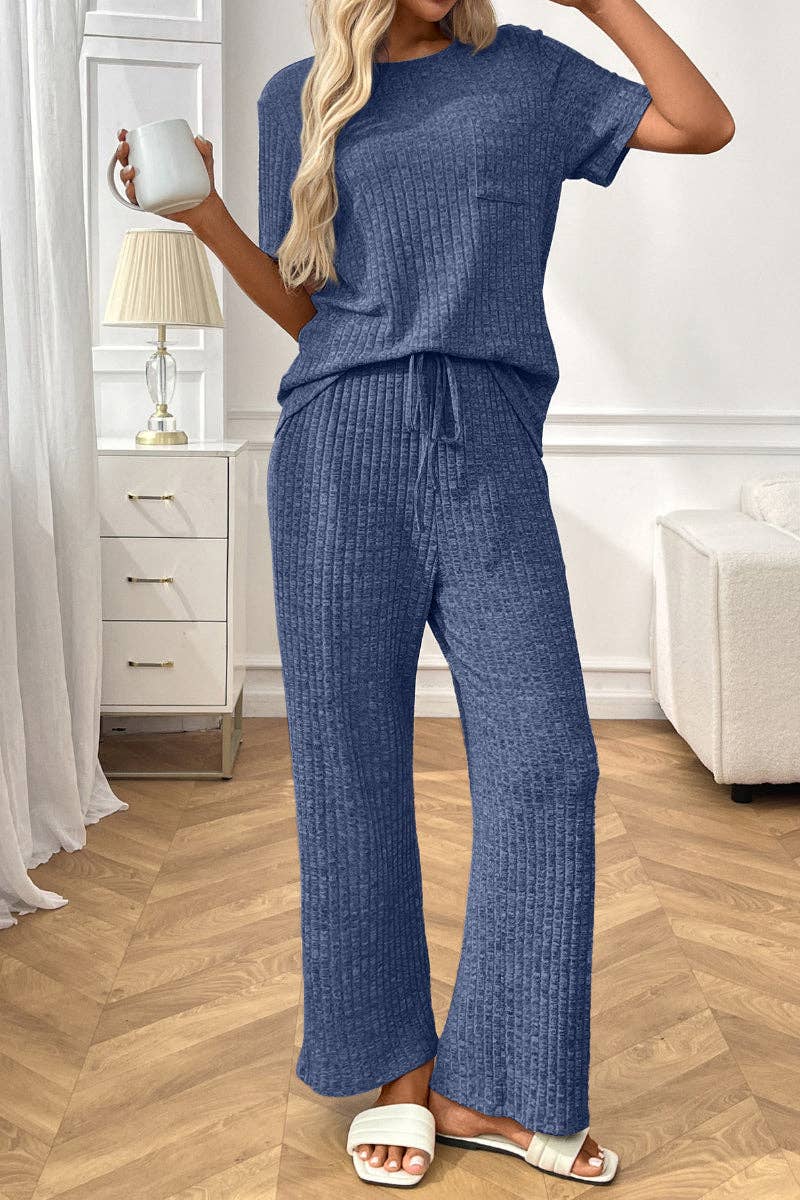 Short Sleeve Ribbed Knit Lounge Set with Drawstring Pants: Burgundy / S