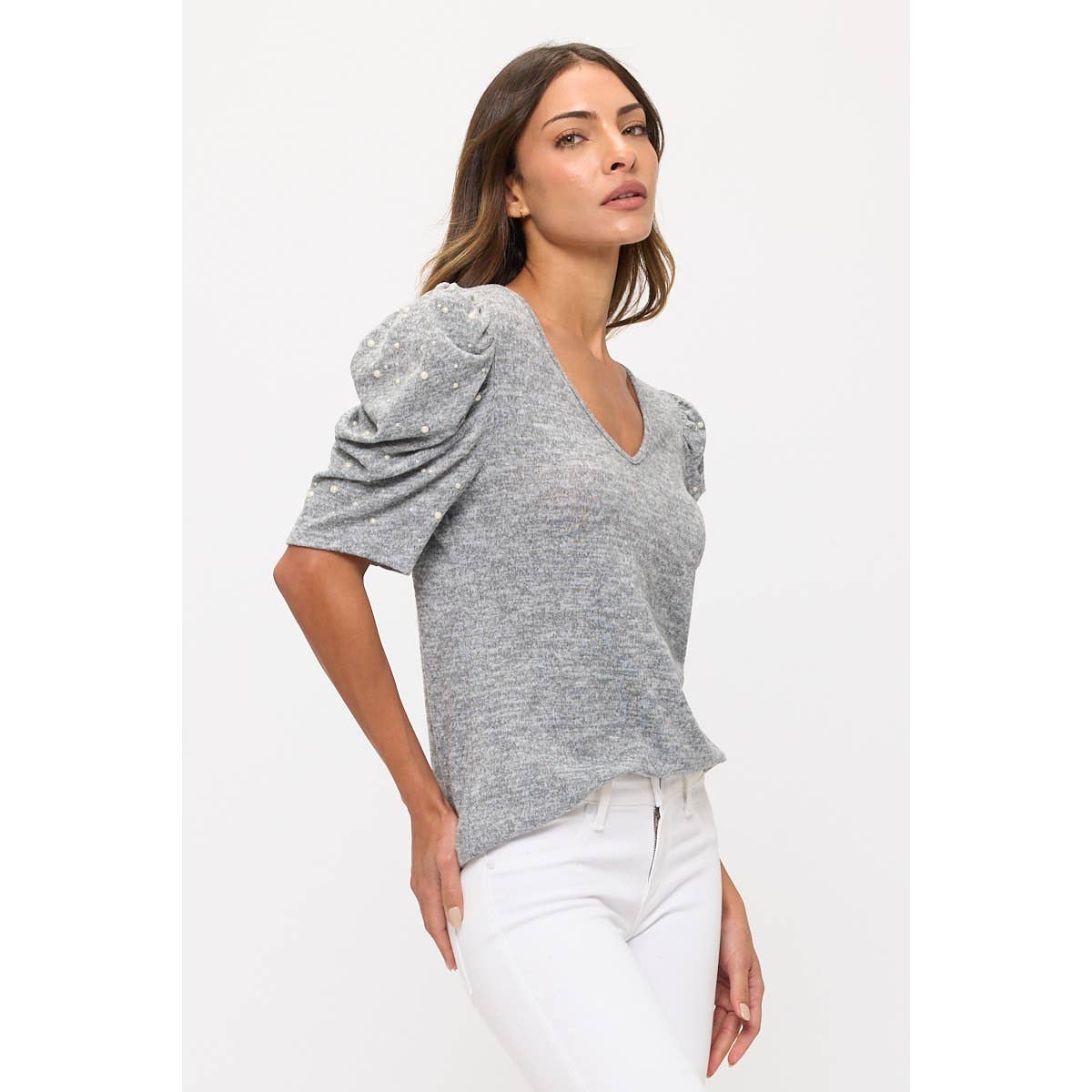 COZY PEARL BEADED VNECK PUFF FASHION SWEATER: HEATHER GREY / BLACK / S-M-L-XL(1-1-2-2)