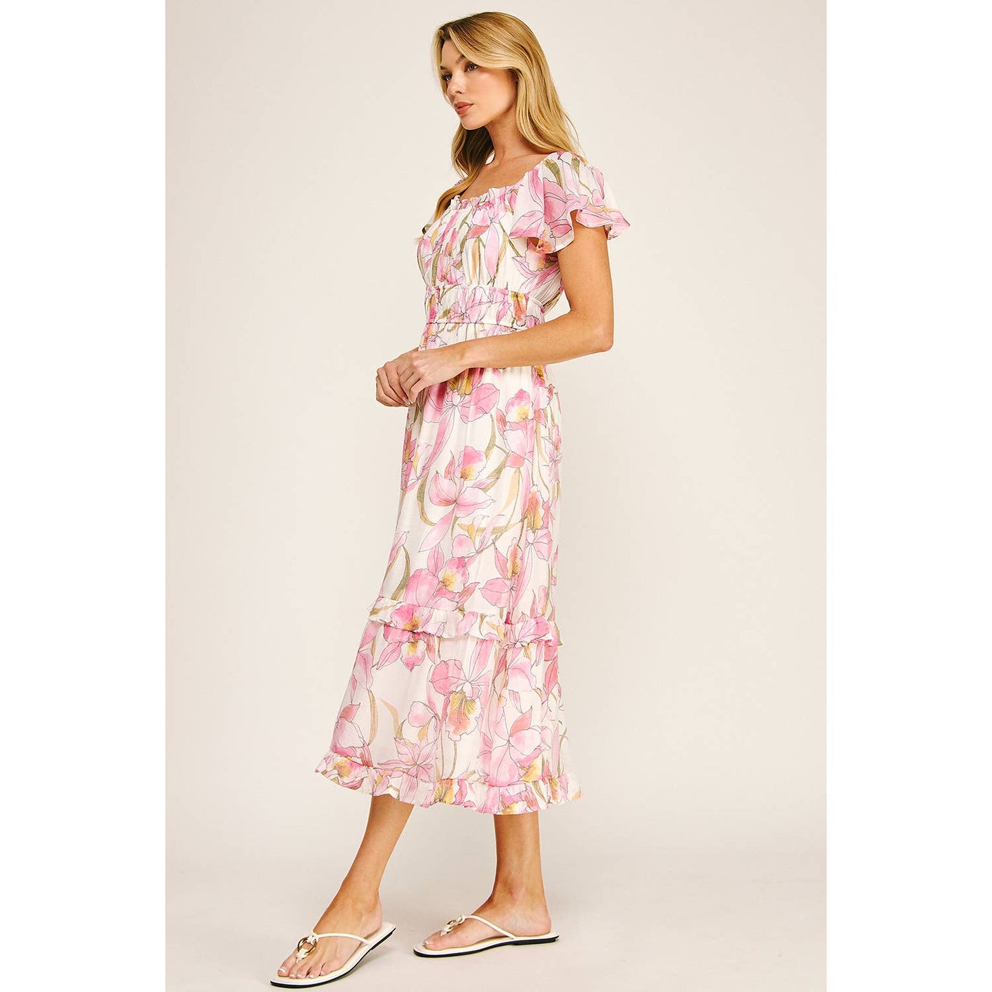 FLUTTER SLEEVE FLORAL TIERED MIDI DRESS: I/P/O / L