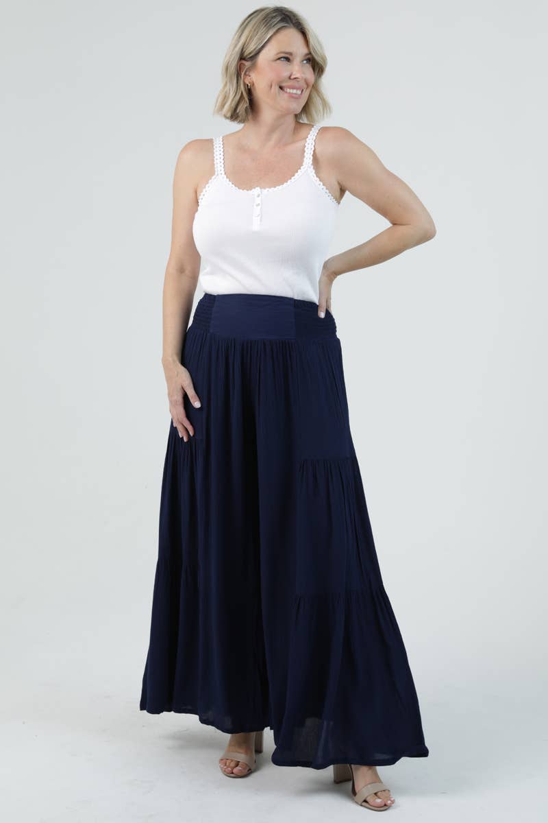 L ACID WASH TIERED WIDE LEG PANTS: CHOCOLATE / L
