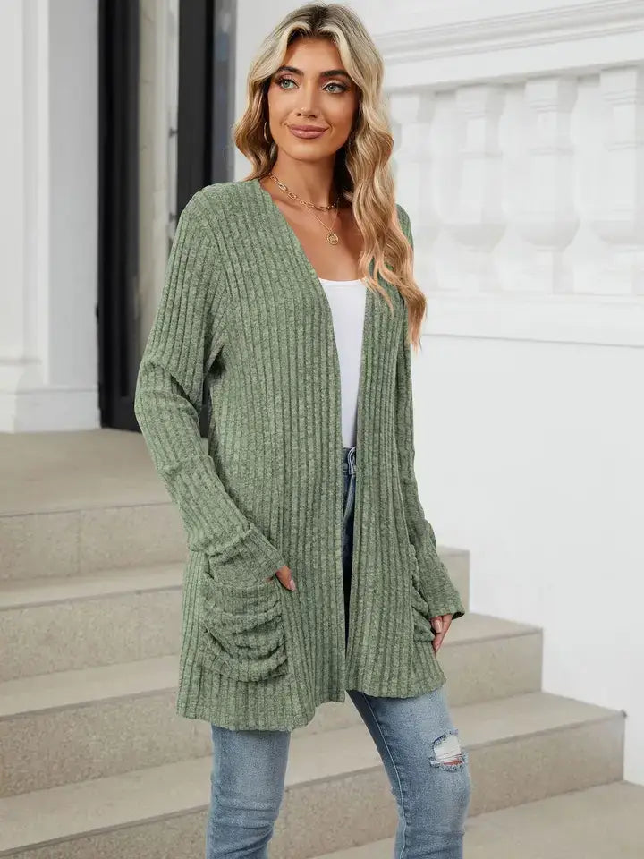 Solid Knit Long Sleeve Pocket Open Front Cardigan: Khaki / 65%Rayon +30%Polyester+ 5%Spandex / M