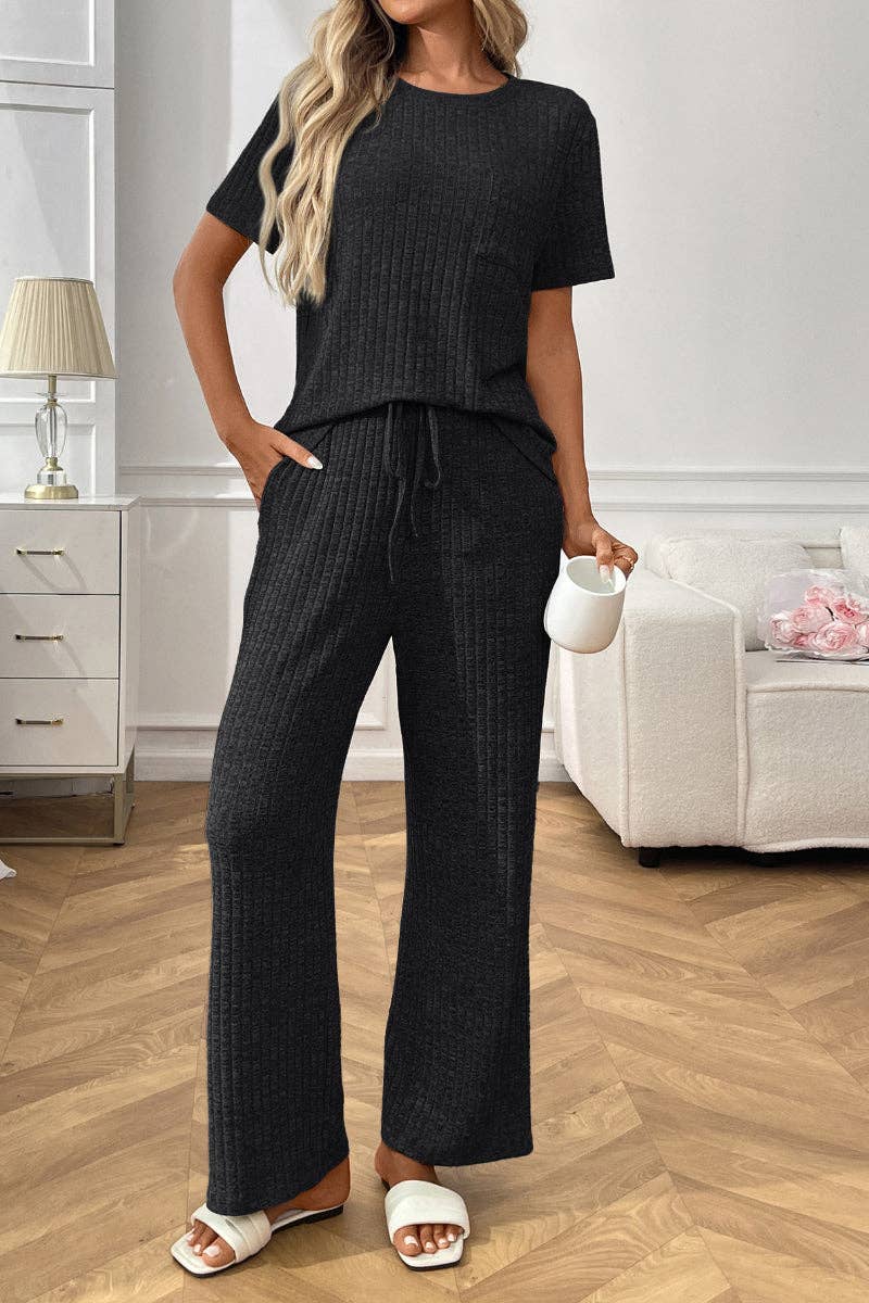 Short Sleeve Ribbed Knit Lounge Set with Drawstring Pants: Burgundy / S