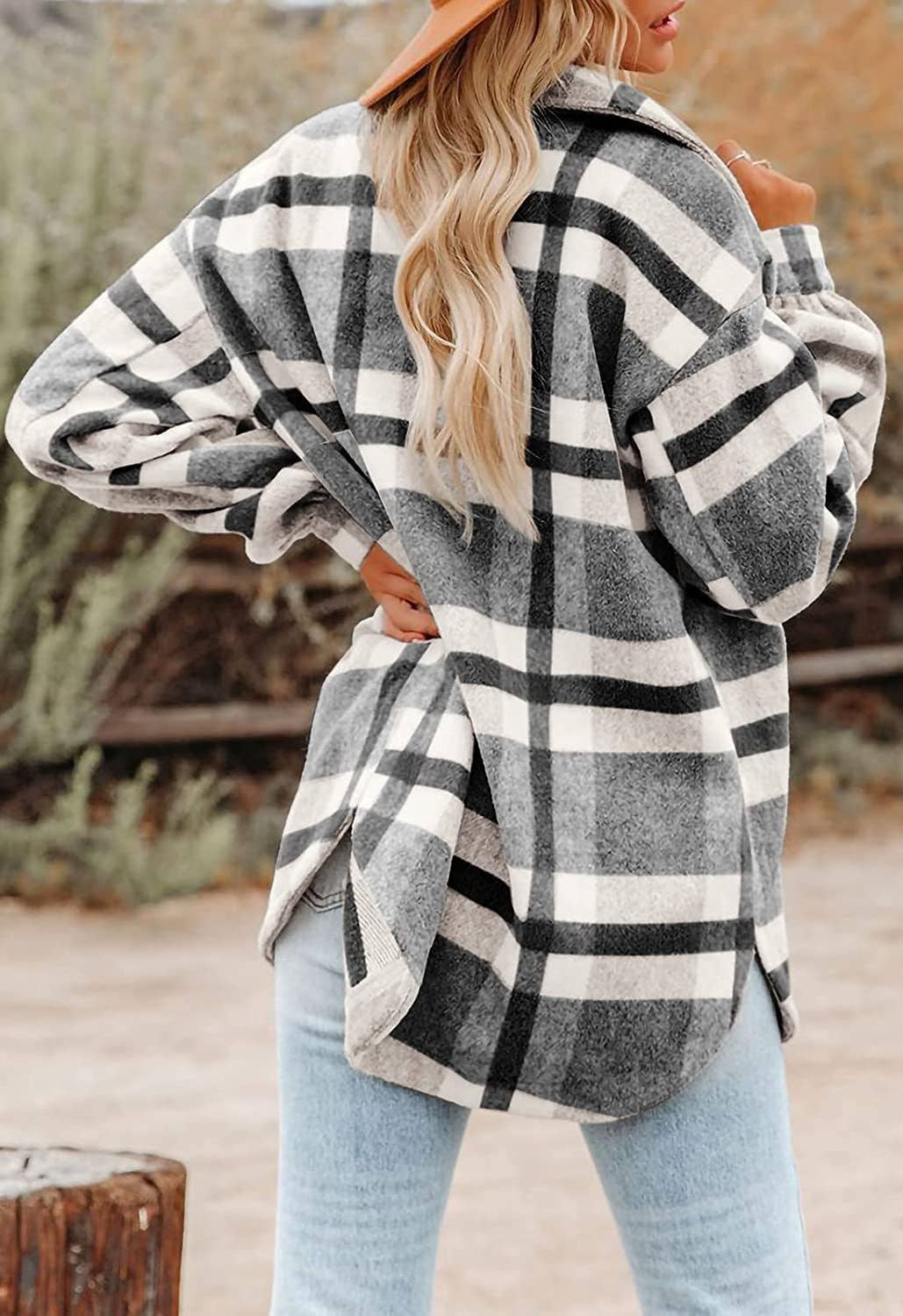 Women's Plaid Button Down Flannel Shirt Jacket – Cozy & Stylish: Light gray / 100%Polyester / L