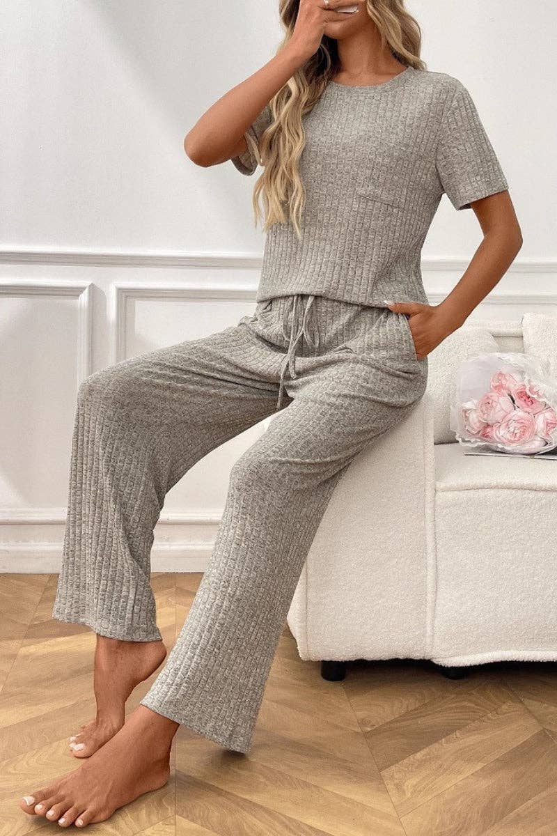 Short Sleeve Ribbed Knit Lounge Set with Drawstring Pants: Burgundy / S