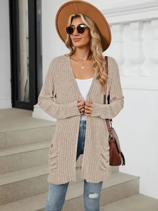 Solid Knit Long Sleeve Pocket Open Front Cardigan: Khaki / 65%Rayon +30%Polyester+ 5%Spandex / M