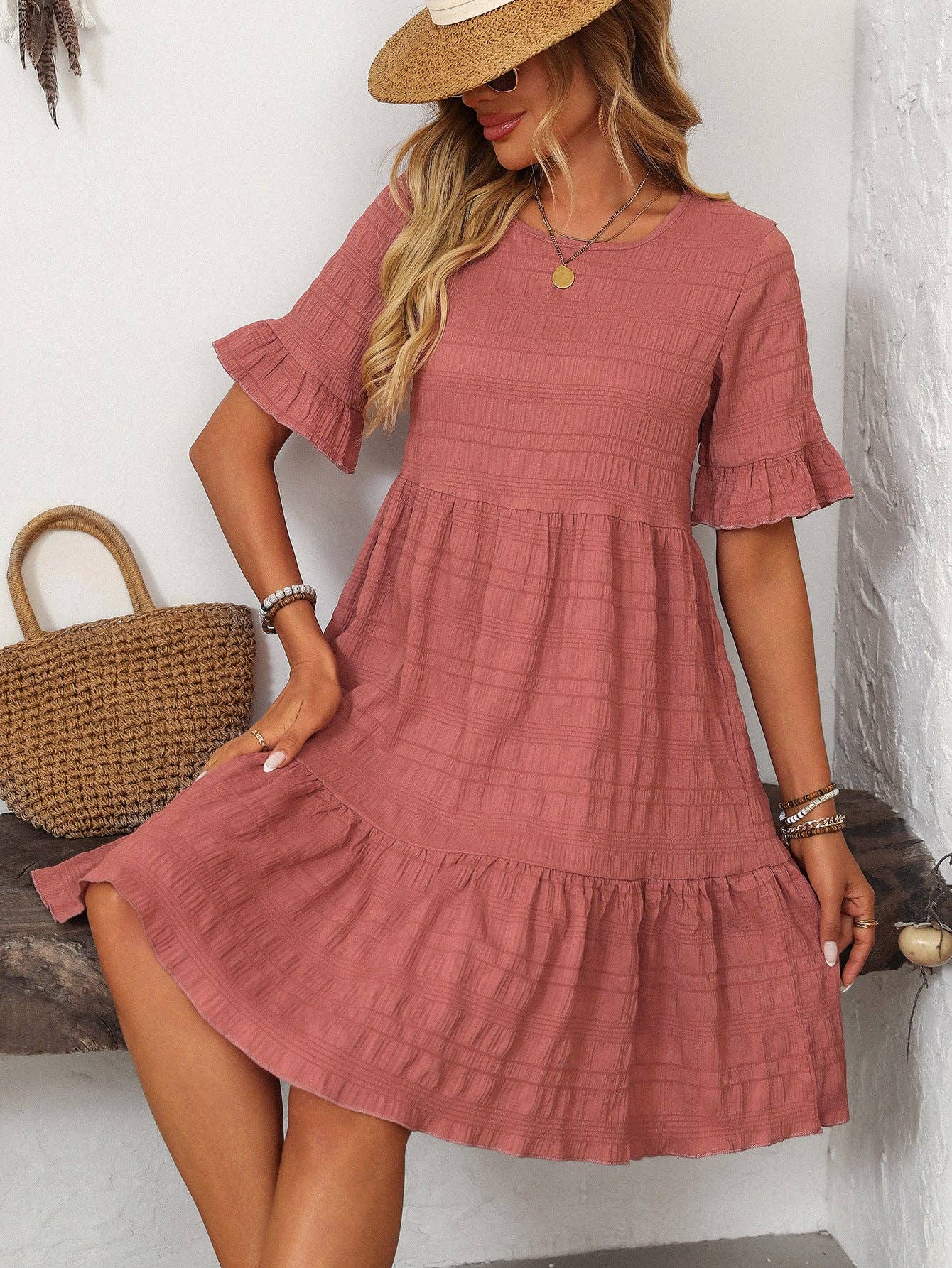 Loose Casual Short-Sleeve Elegant Dress: Pink / 2XL