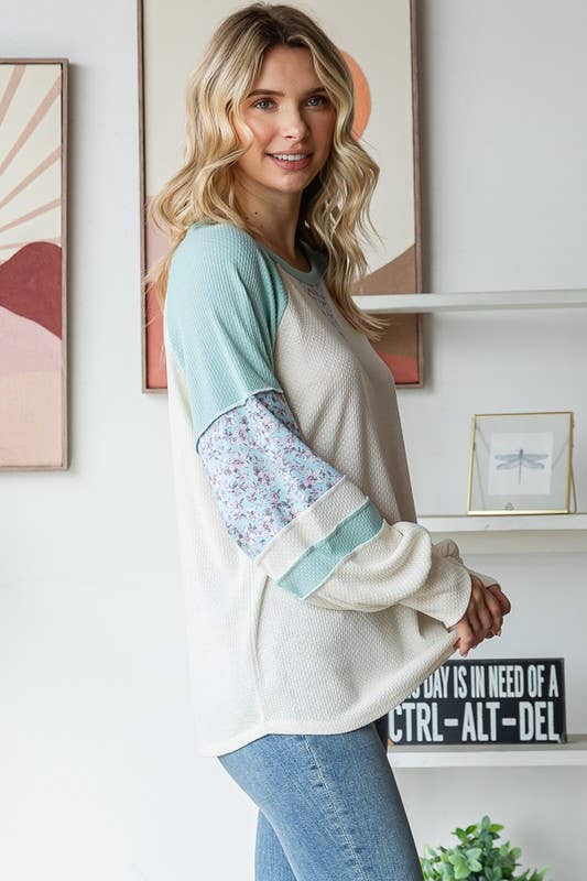 Floral Contrast Raglan Sleeve Pullover Top: MINT / 2-2-2-2 (S-M-L-XL)