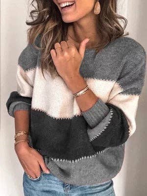 M Women's Color Block Crewneck Long Sleeve Knit Sweater