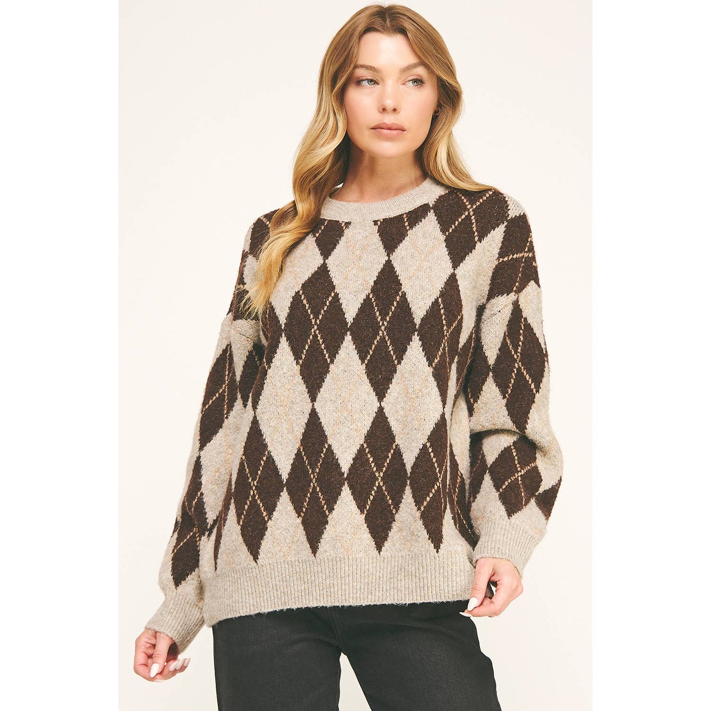 CHECKERED CREW NECK LONG SLEEVE PULLOVER SWEATER (Copy): TONAL GREY / S