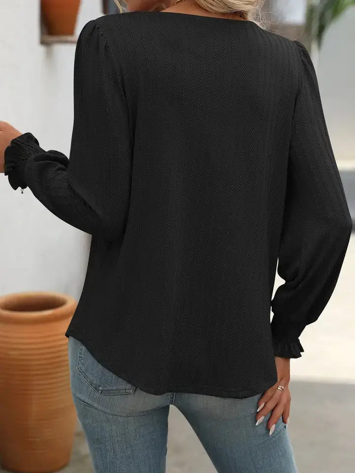 Trendy Square Neck Pleated Long Sleeve Top: Black / 95%polyester+5%spandex / S