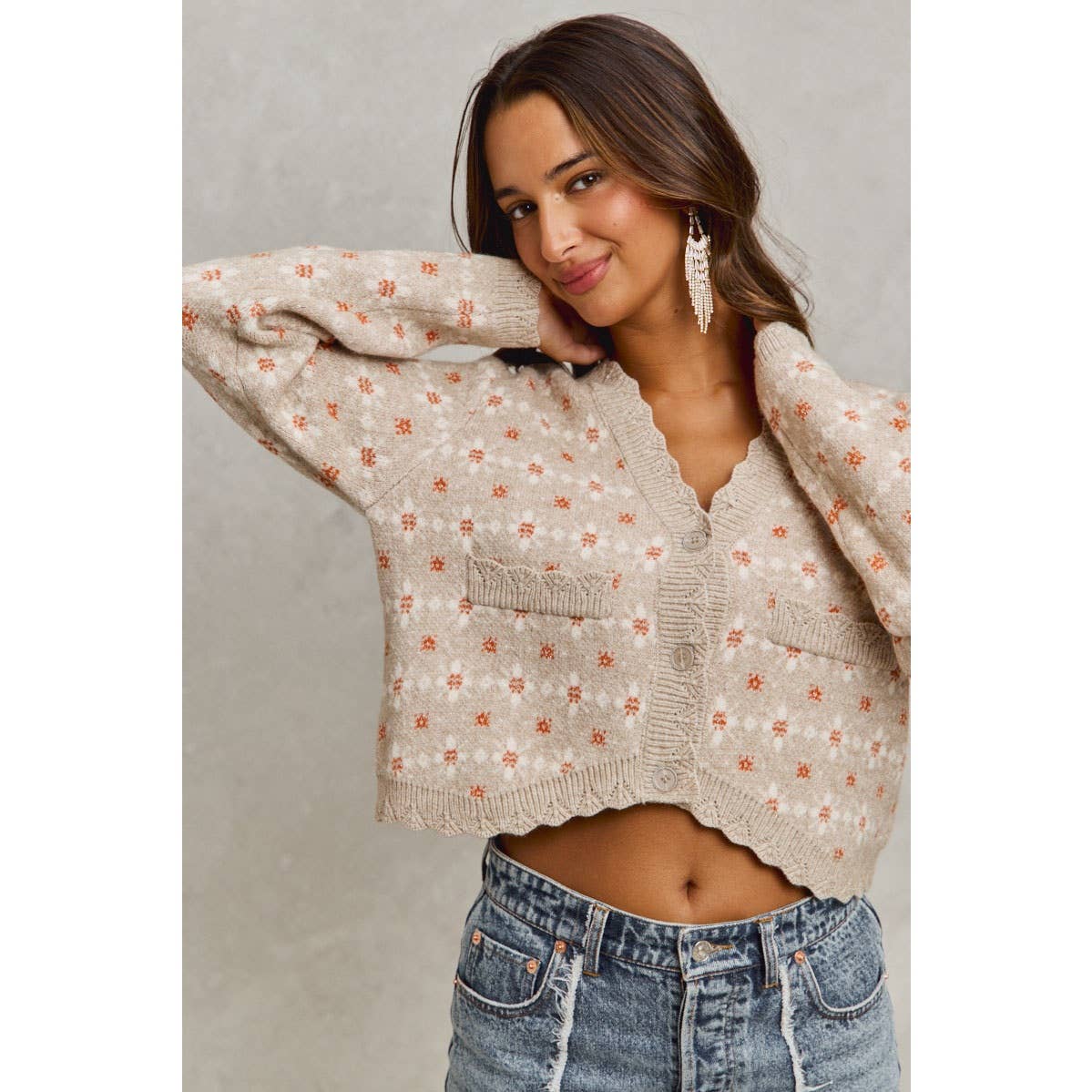 XL FLORAL PATTERNED BUTTON DOWN SWEATER CARDIGAN: GREY OATMEAL / XL