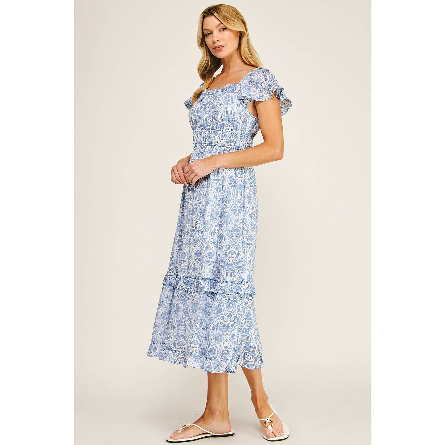 FLUTTER SLEEVE FLORAL TIERED MIDI DRESS: I/P/O / S