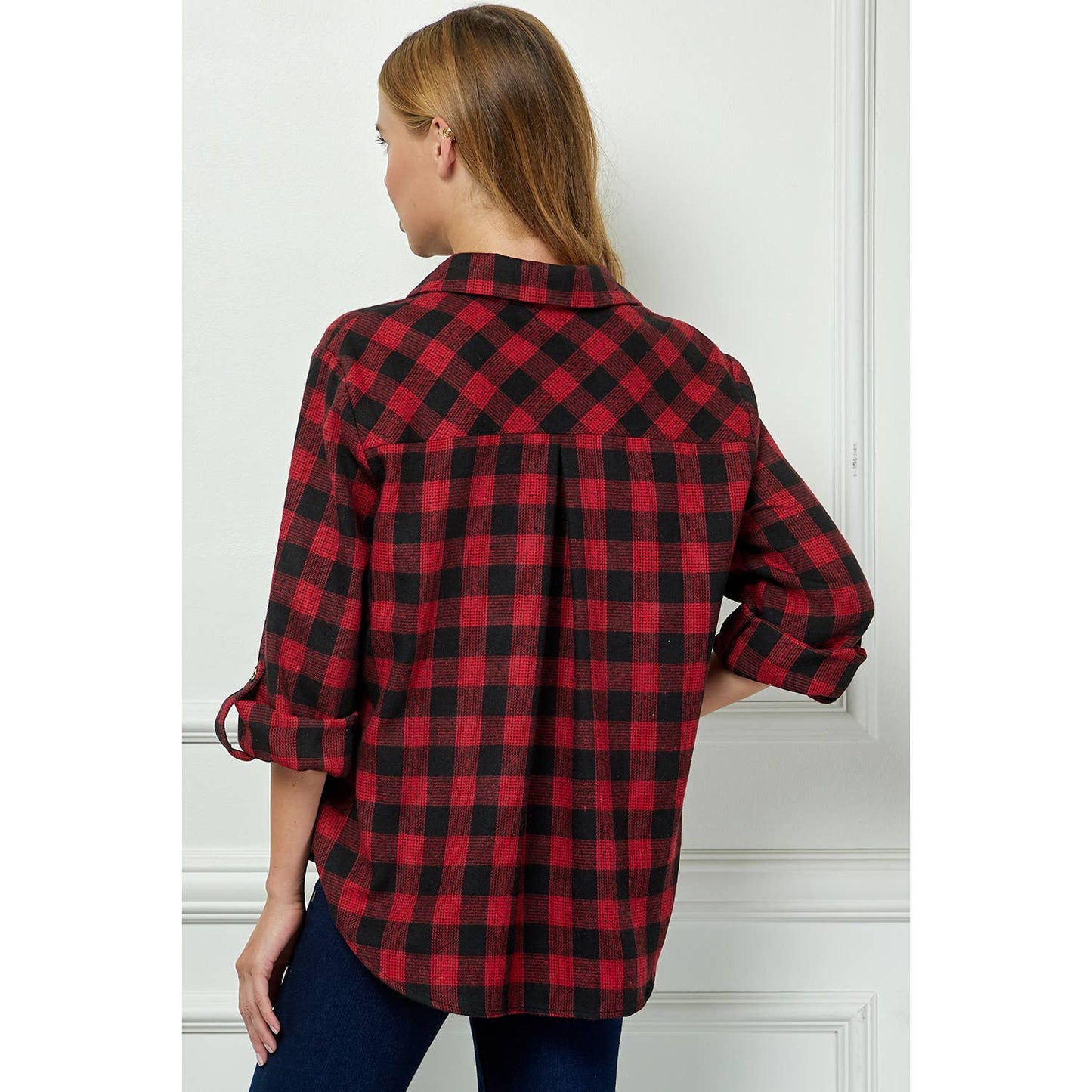 PLAID FLANNEL ROLL SLEEVES  COLLAR NECK SHIRTS : BK/RD / M