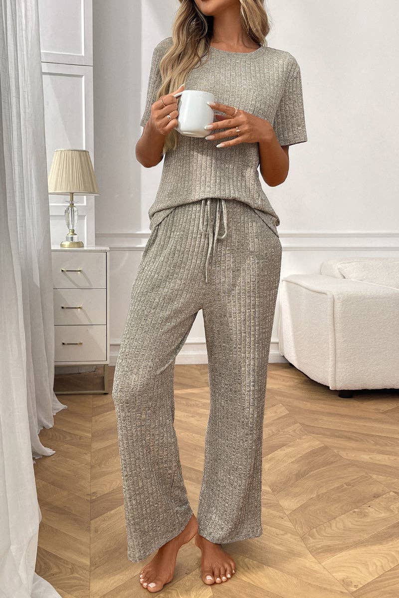 Short Sleeve Ribbed Knit Lounge Set with Drawstring Pants: Burgundy / S