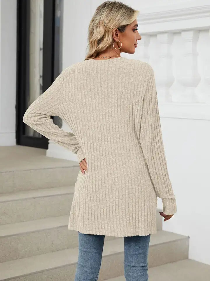 Solid Knit Long Sleeve Pocket Open Front Cardigan: Khaki / 65%Rayon +30%Polyester+ 5%Spandex / S