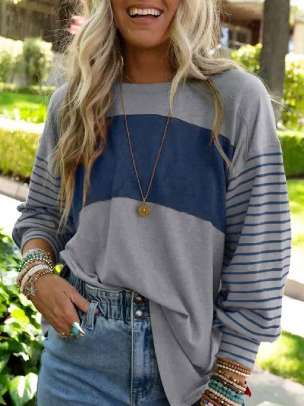 Colorblock Striped Long Sleeve Casual Knit Top: Grey / 60%Polyester+35%Viscose+5%Elastane / 2XL