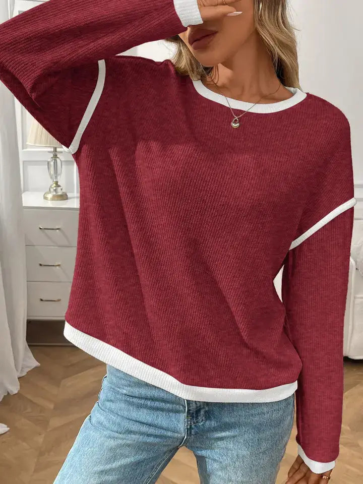 Relaxed Fit Crewneck Knit Pullover for Casual Days: Burgundy / 65%Polyester+30%Viscose+5%Elastane / L