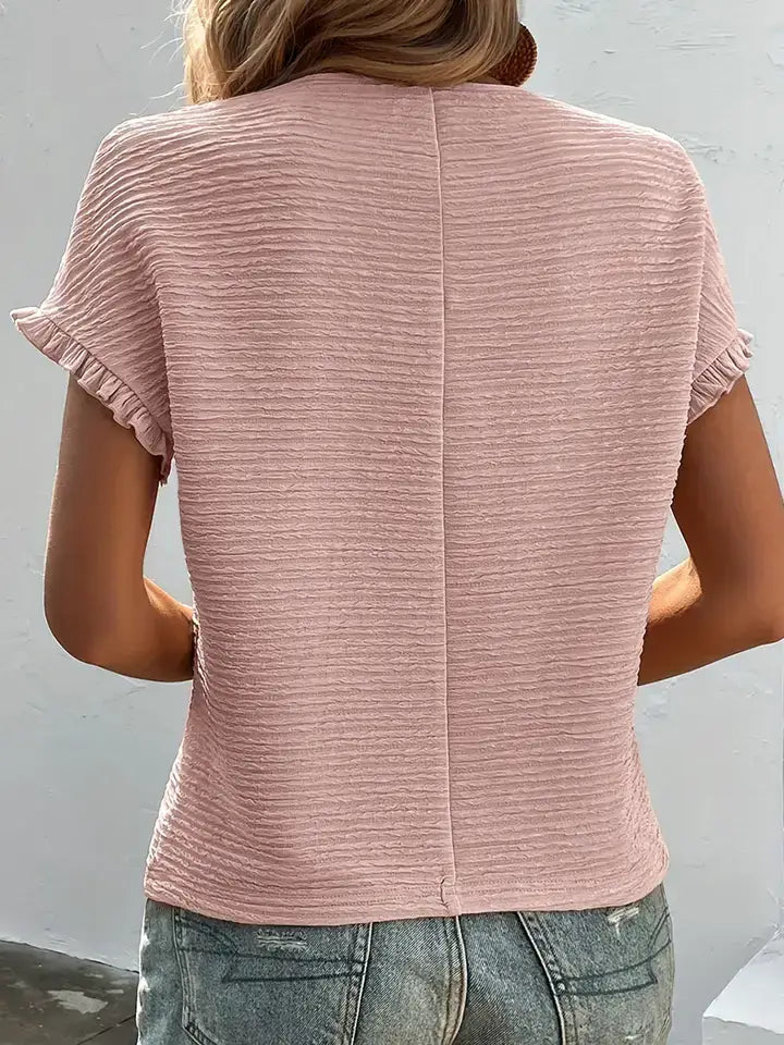 Black Textured Ruffled Short Sleeve Blouse: Light Pink / 95%Polyester+5%Elastane / 2XL