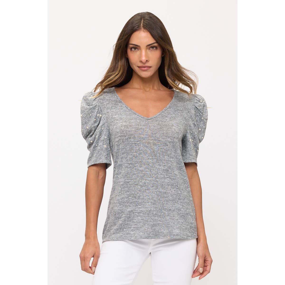 COZY PEARL BEADED VNECK PUFF FASHION SWEATER: HEATHER GREY / BLACK / S-M-L-XL(1-1-2-2)