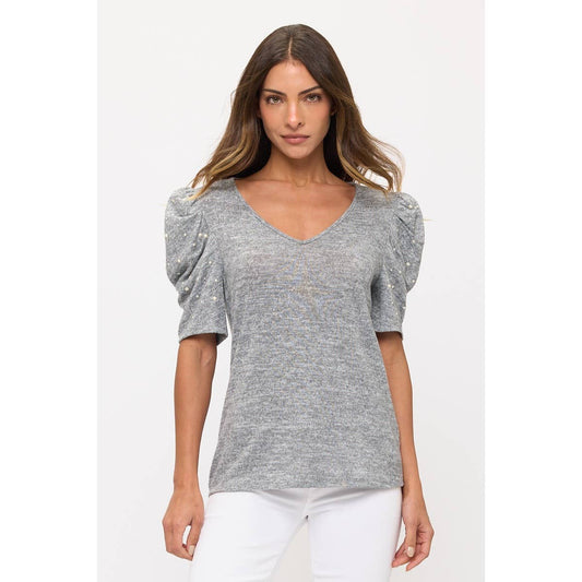 COZY PEARL BEADED VNECK PUFF FASHION SWEATER: HEATHER GREY / BLACK / S-M-L-XL(1-1-2-2)