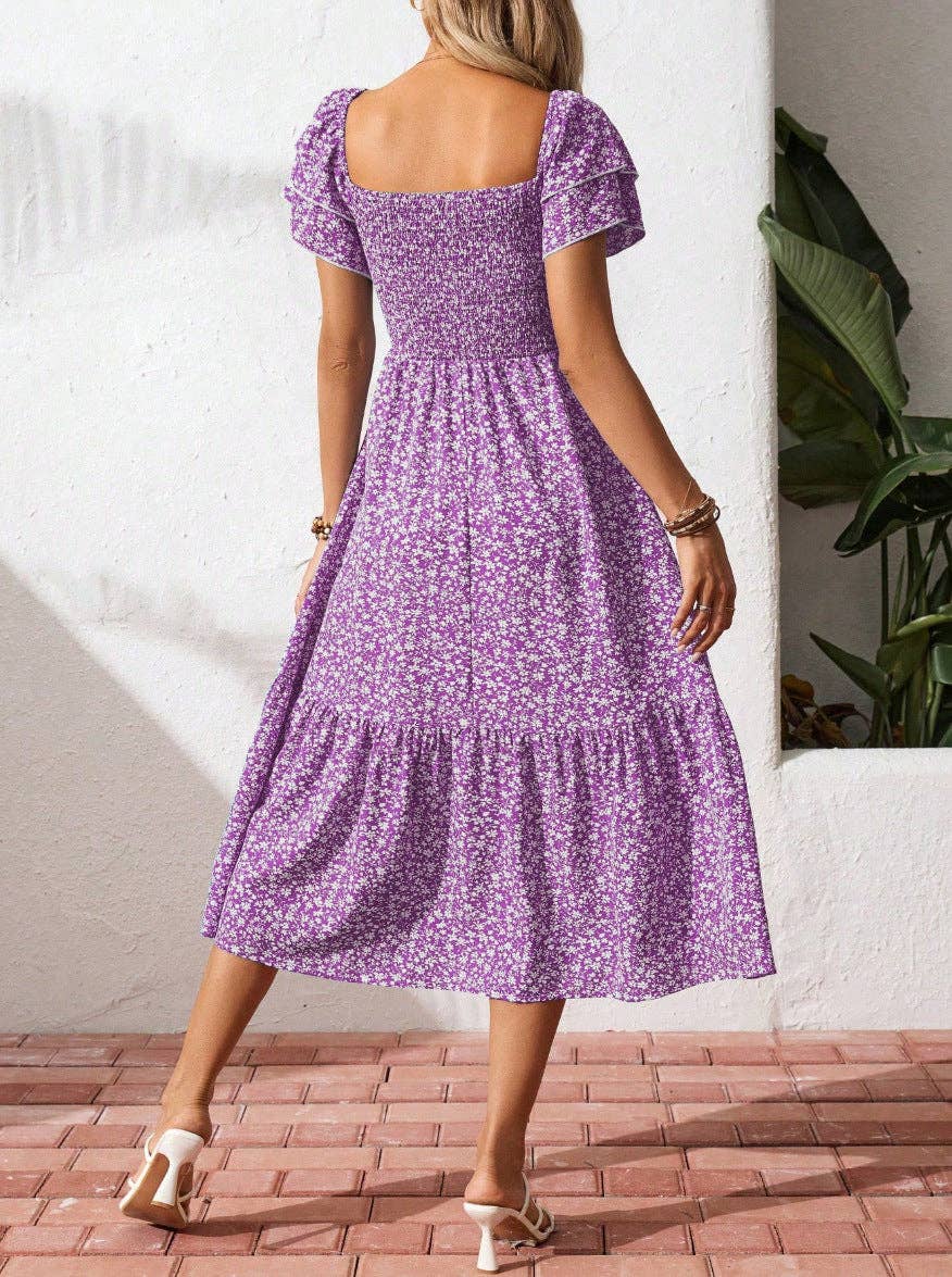 Floral Square Neck Smocked Short Sleeve Maxi Summer Dress: Purple / 100%Polyester / XL