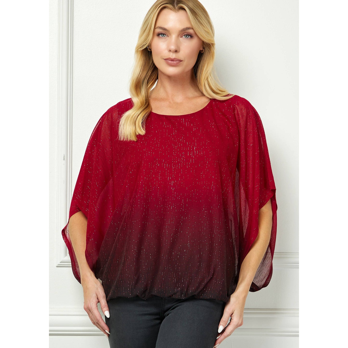 LUMINOUS GRACE DOLMAN BUBBLE BLOUSE: Stone/Black/Rose / S