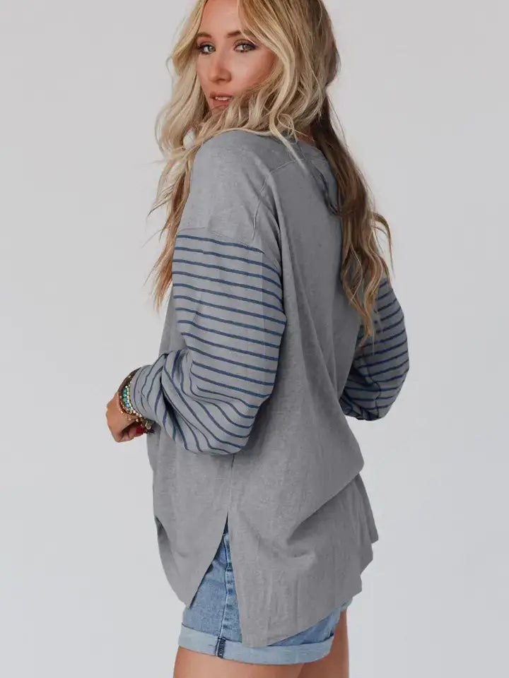 Colorblock Striped Long Sleeve Casual Knit Top: Grey / 60%Polyester+35%Viscose+5%Elastane / S