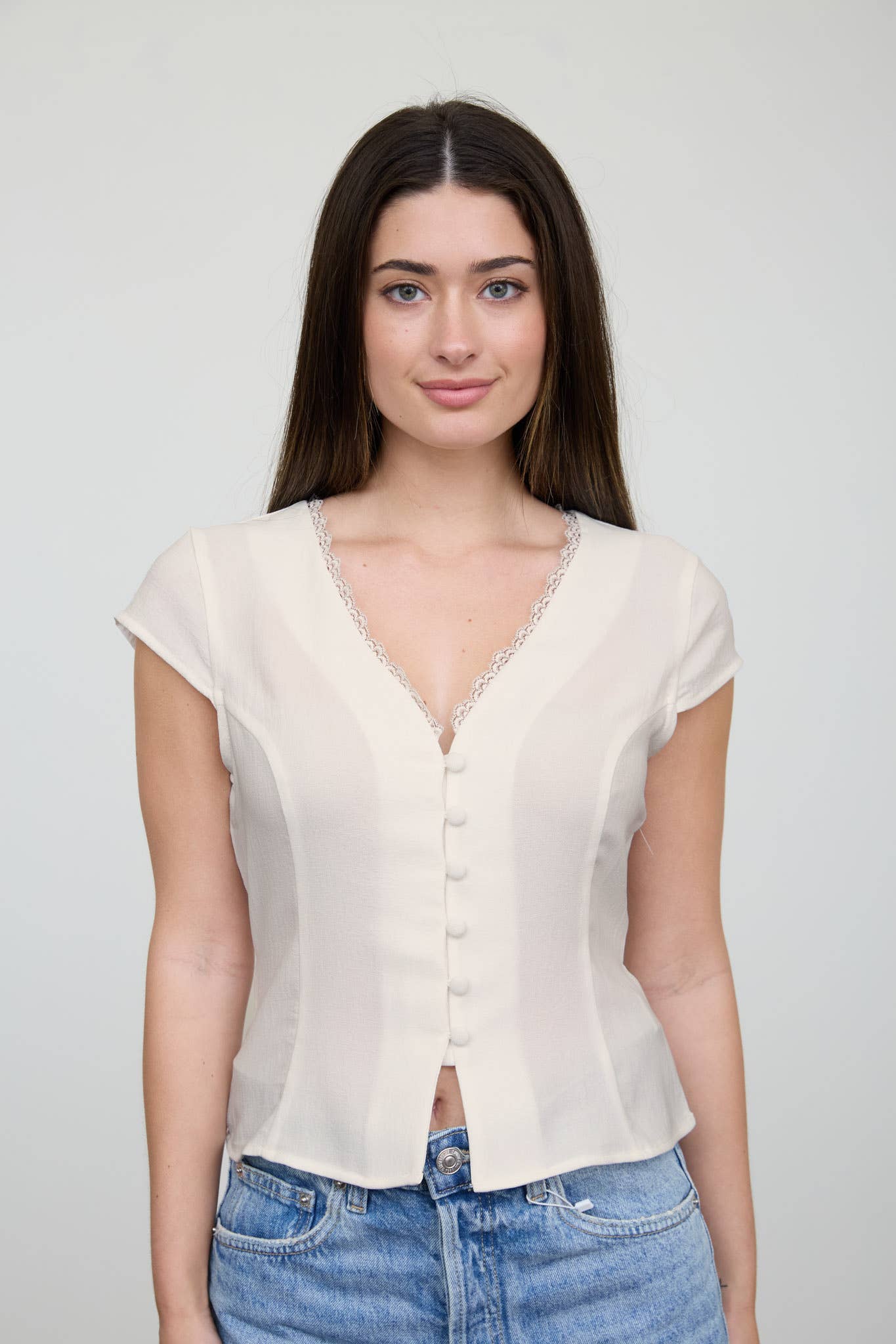 V NECK LACE TRIM BUTTON DOWN BACK TIE BLOUSE: WHITE