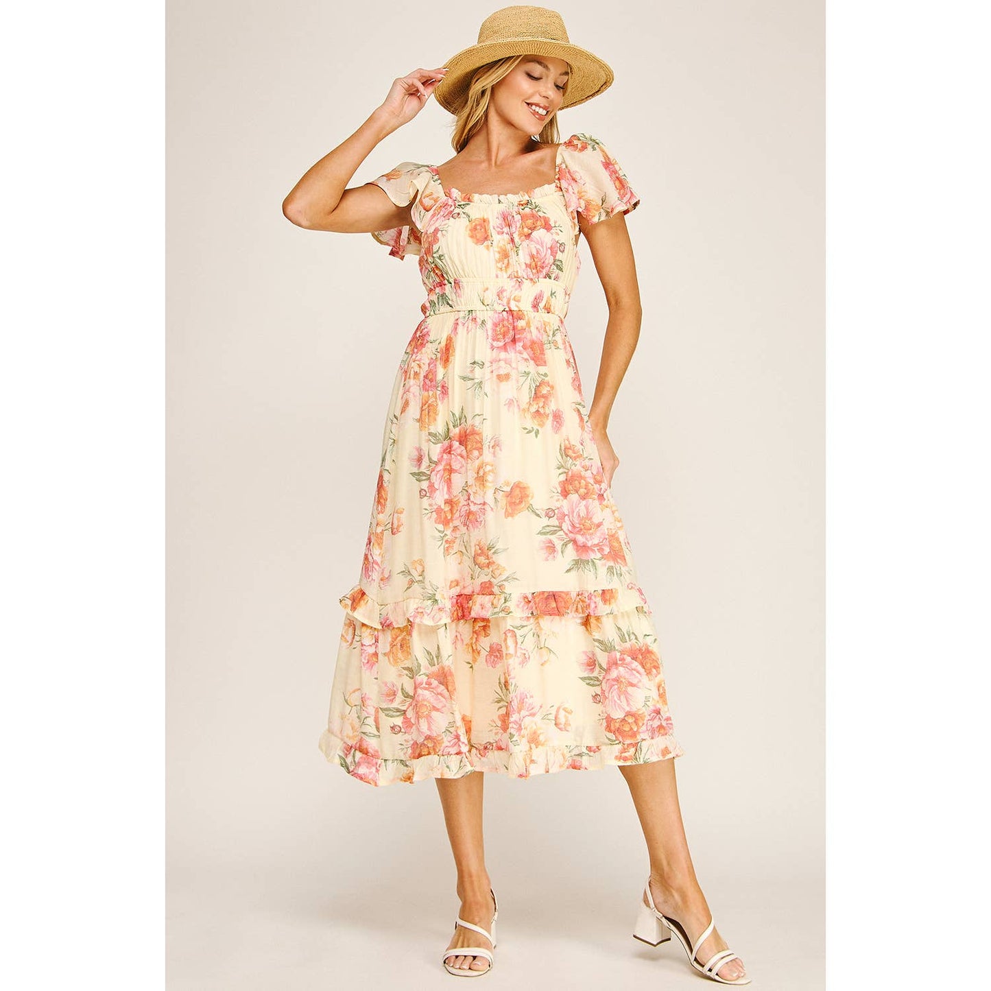 FLUTTER SLEEVE FLORAL TIERED MIDI DRESS: I/P/O / XL