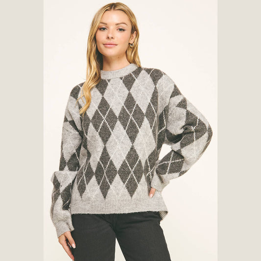 CHECKERED CREW NECK LONG SLEEVE PULLOVER SWEATER (Copy): TONAL GREY / L