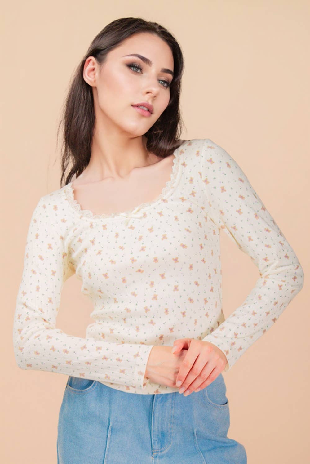 NT12410-Printed Fitted Casual Knit Top: CREAM TEDDY BEAR / S-M-L/2-2-2