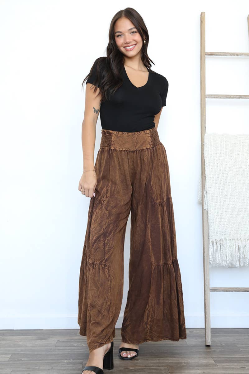 S ACID WASH TIERED WIDE LEG PANTS: CHOCOLATE / S