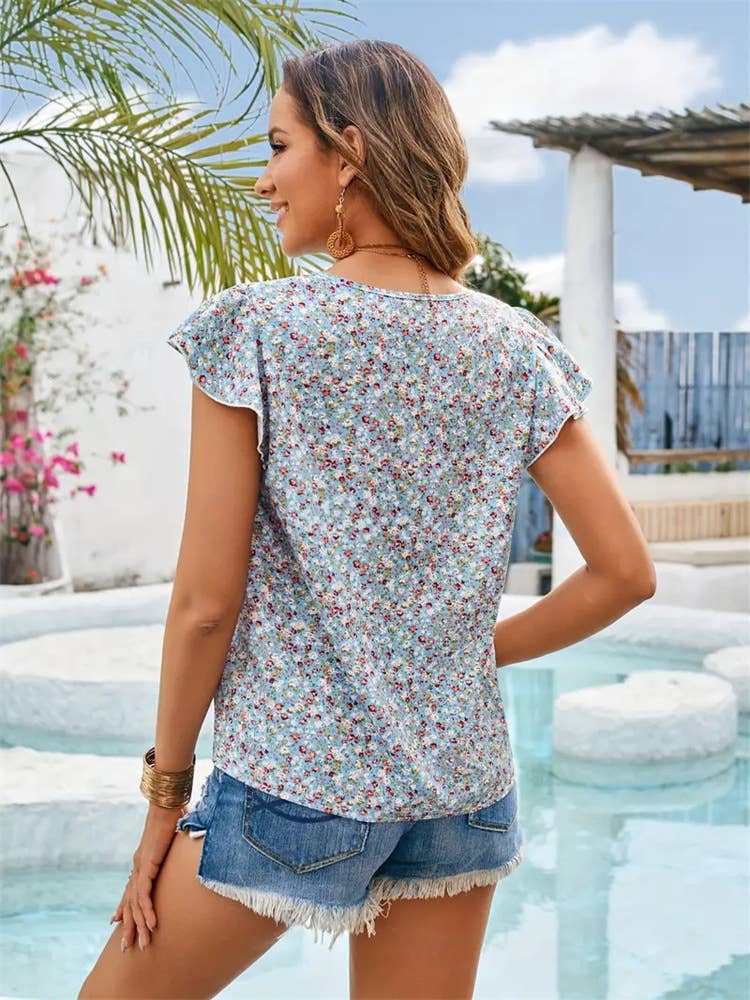 Floral lace lace lotus sleeve blouse: LIGHTBLUE / (XL) 1