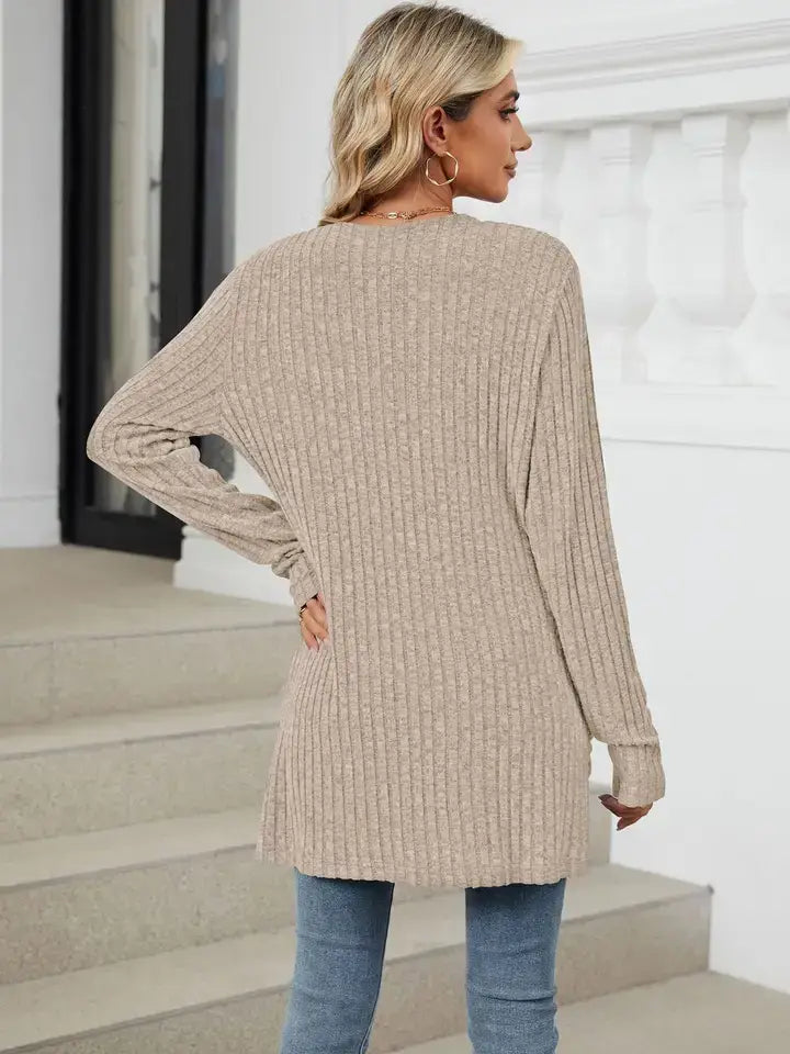 Solid Knit Long Sleeve Pocket Open Front Cardigan: Khaki / 65%Rayon +30%Polyester+ 5%Spandex / M