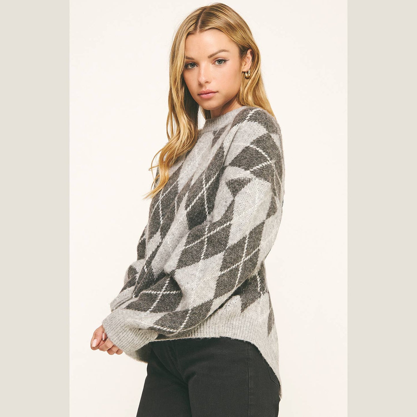 CHECKERED CREW NECK LONG SLEEVE PULLOVER SWEATER (Copy): TONAL GREY / S