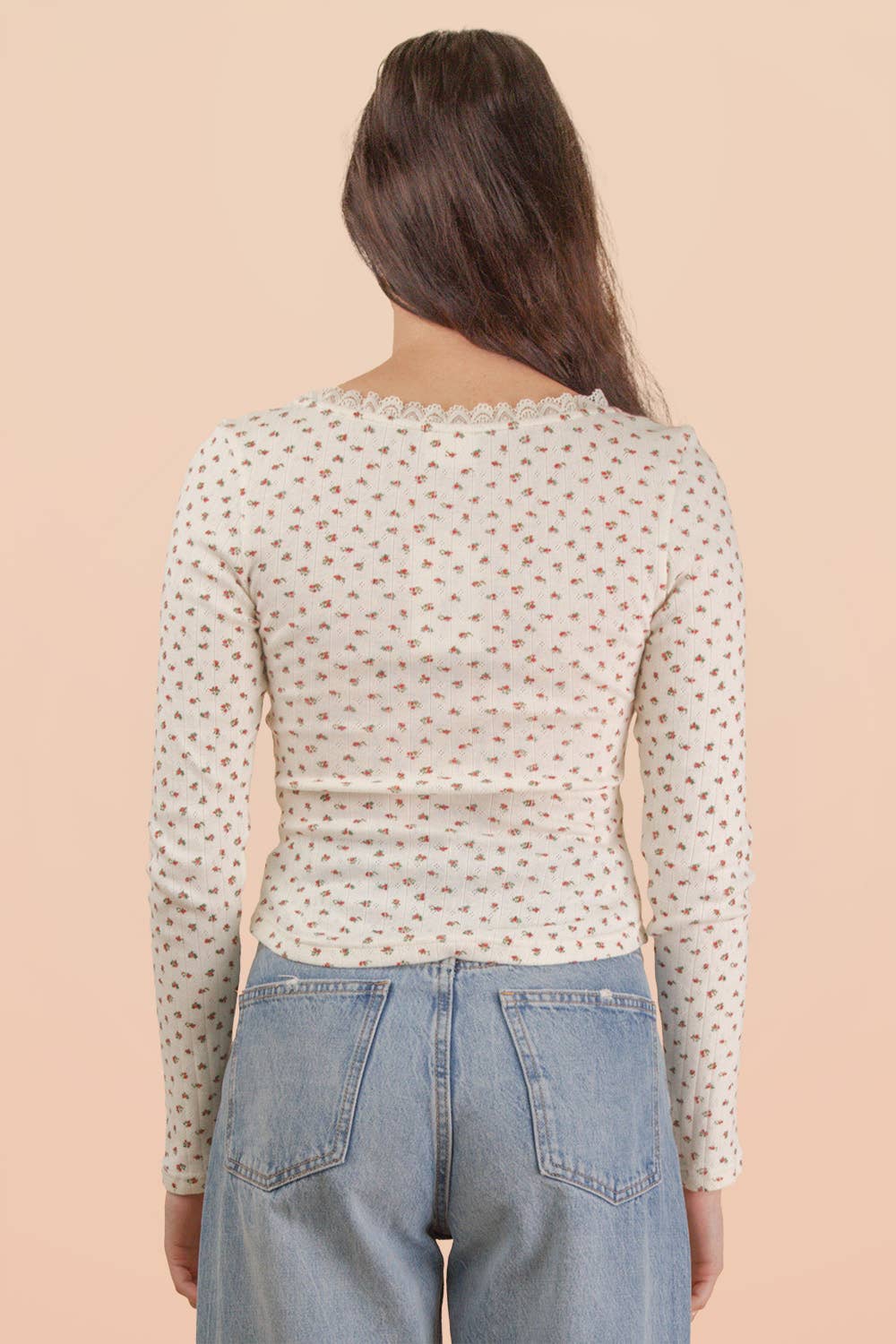 NT12410-Printed Fitted Casual Knit Top: CREAM FLORAL / S-M-L/2-2-2