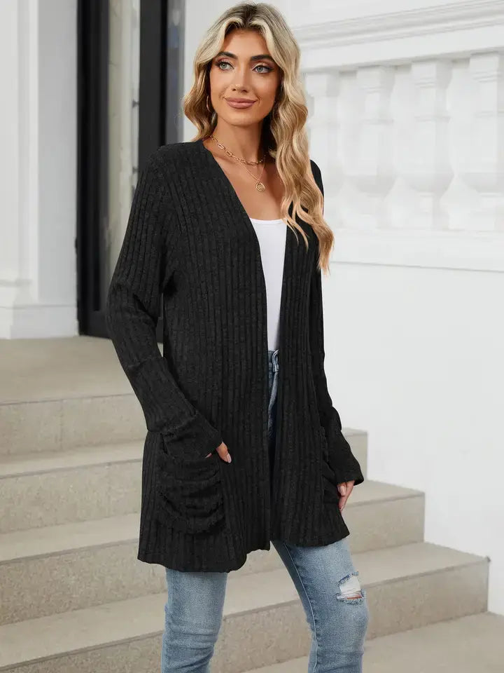 Solid Knit Long Sleeve Pocket Open Front Cardigan: Khaki / 65%Rayon +30%Polyester+ 5%Spandex / 2XL