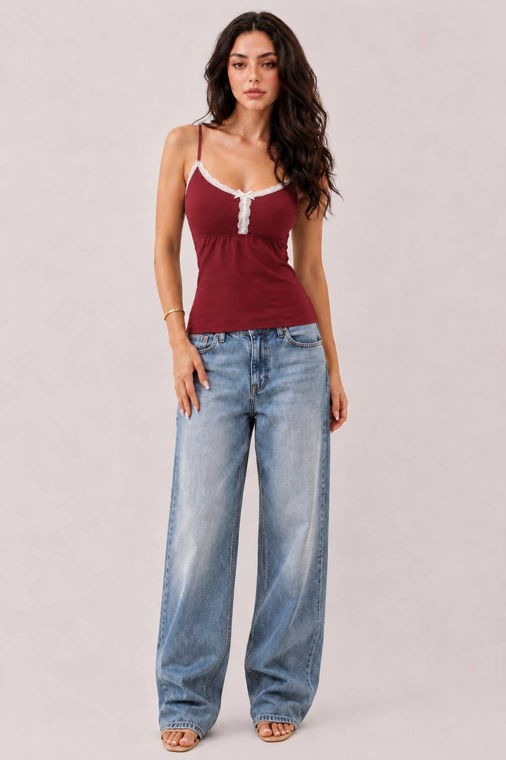 JC57013A - BABYDOLL LACE TRIMMED CAMISOLE WITH BABY BUTTONS: GARNET RUST