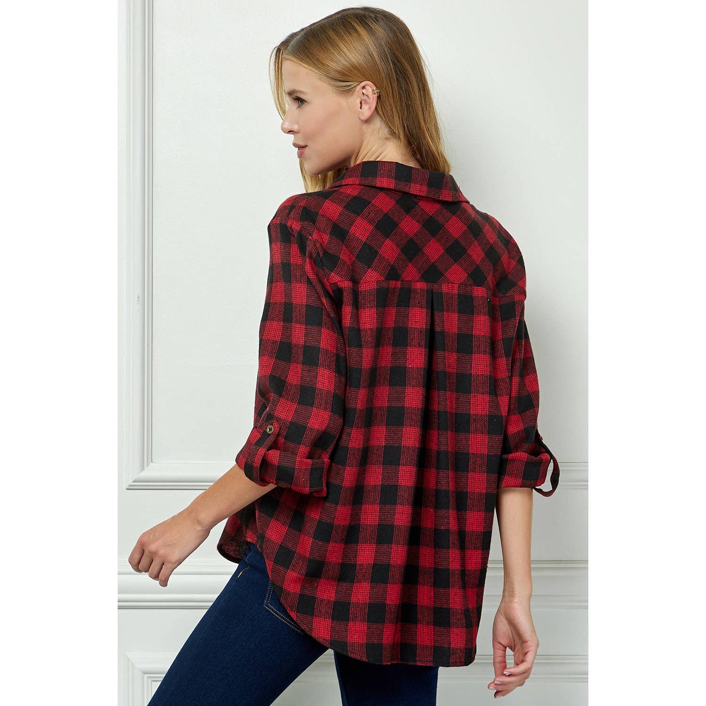 PLAID FLANNEL ROLL SLEEVES  COLLAR NECK SHIRTS : BK/RD / XL