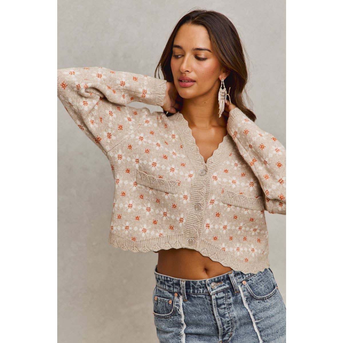 L FLORAL PATTERNED BUTTON DOWN SWEATER CARDIGAN: GREY OATMEAL / L