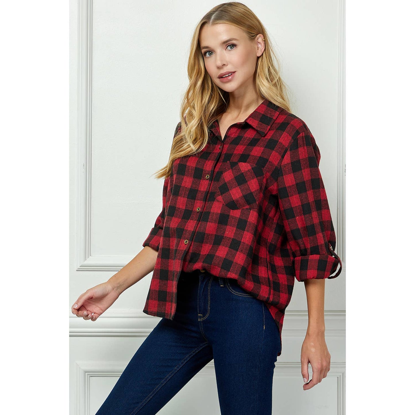 PLAID FLANNEL ROLL SLEEVES  COLLAR NECK SHIRTS : BK/RD / XL