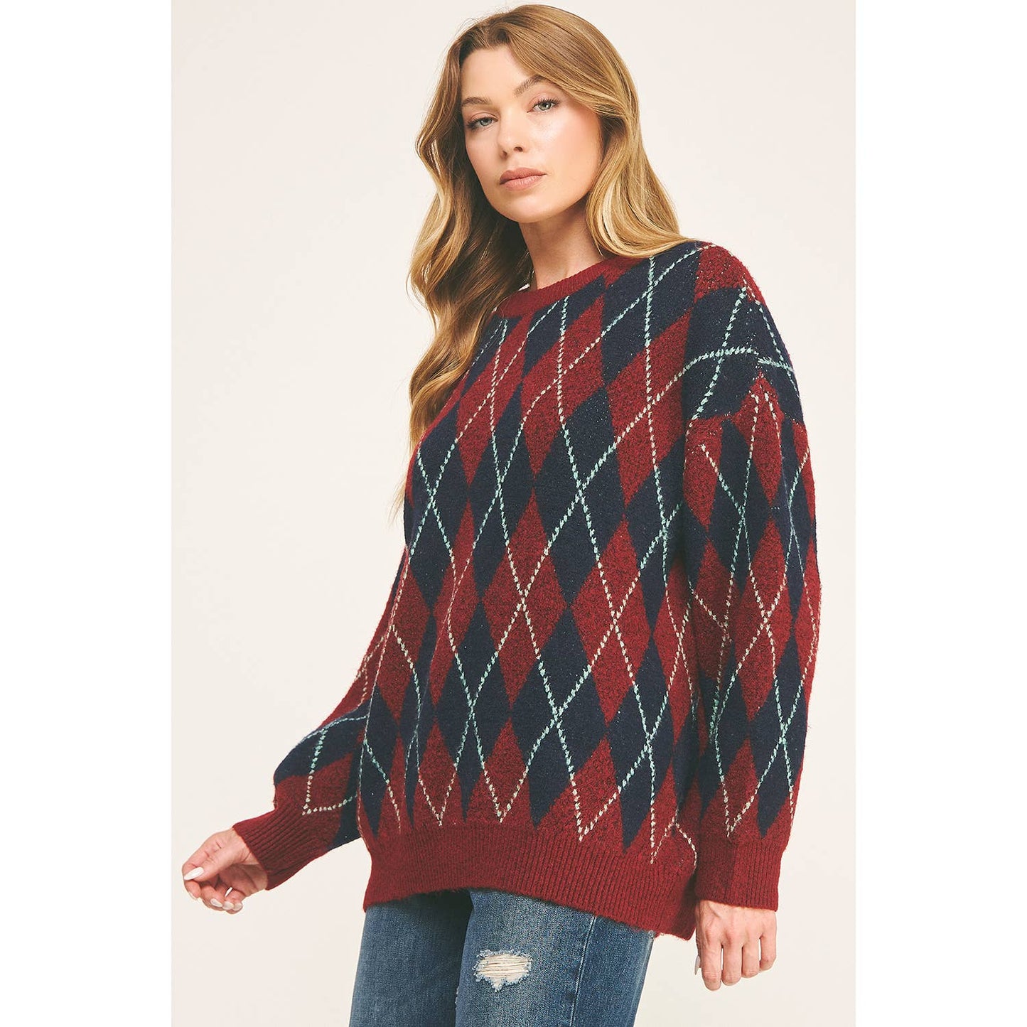 CHECKERED CREW NECK LONG SLEEVE PULLOVER SWEATER (Copy): TONAL GREY / XL