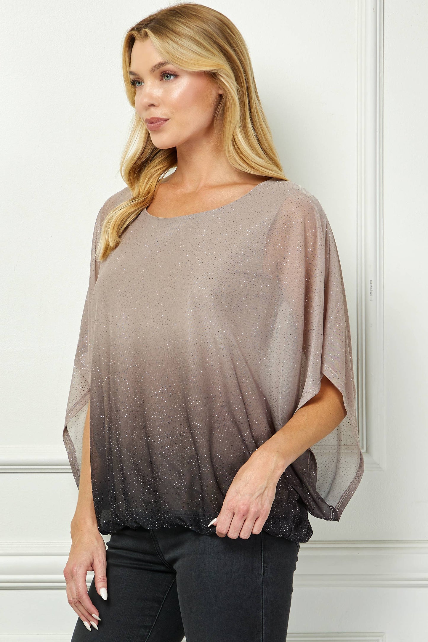 LUMINOUS GRACE DOLMAN BUBBLE BLOUSE: Stone/Black/Rose / S
