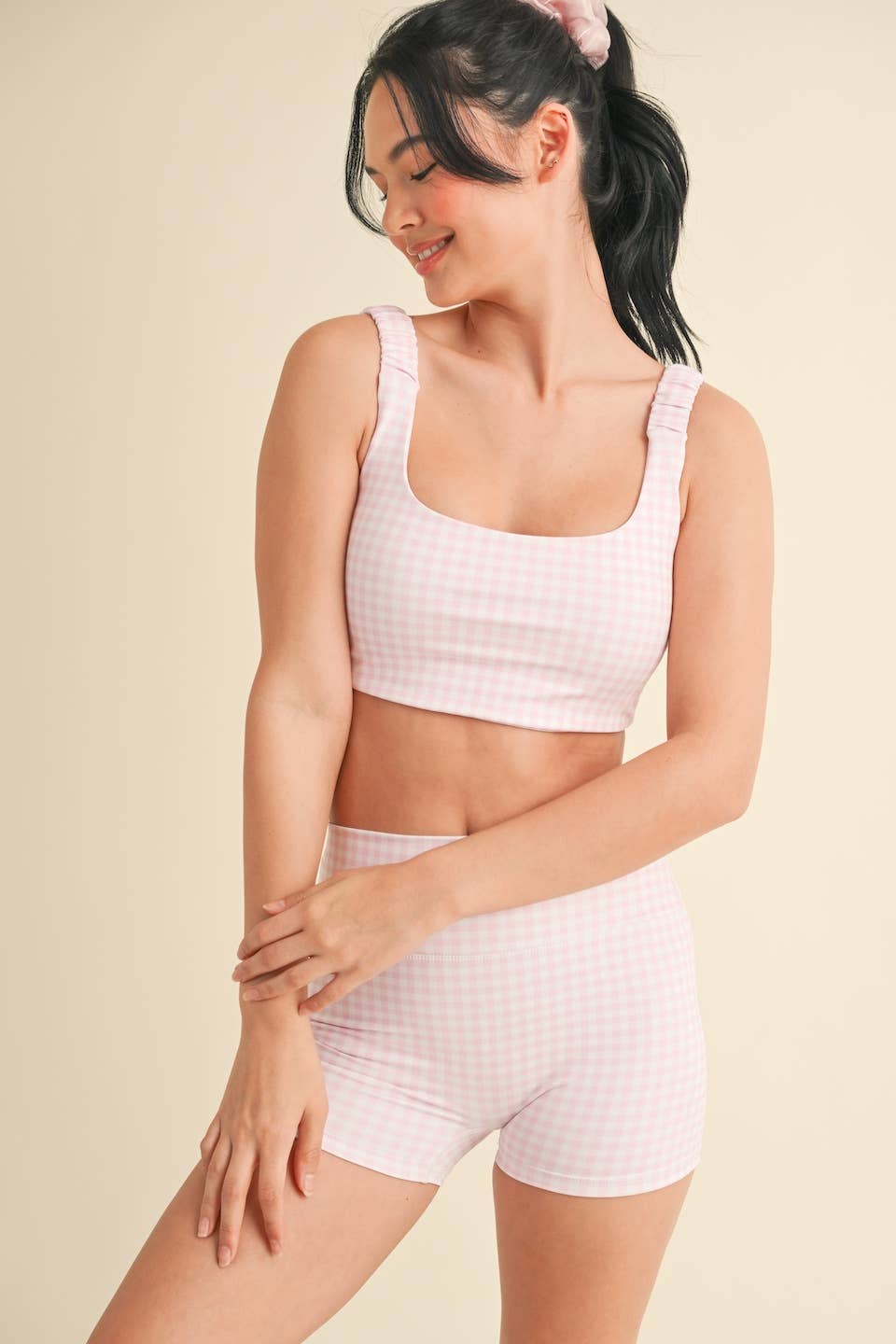 Gingham Print Ruched Bra Top: Pink Gingham / M