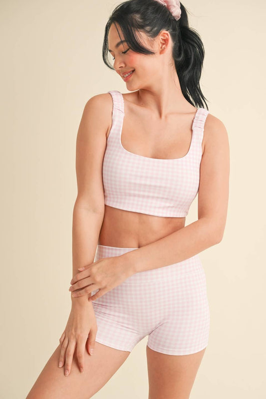 Gingham Print Ruched Bra Top: Pink Gingham / L