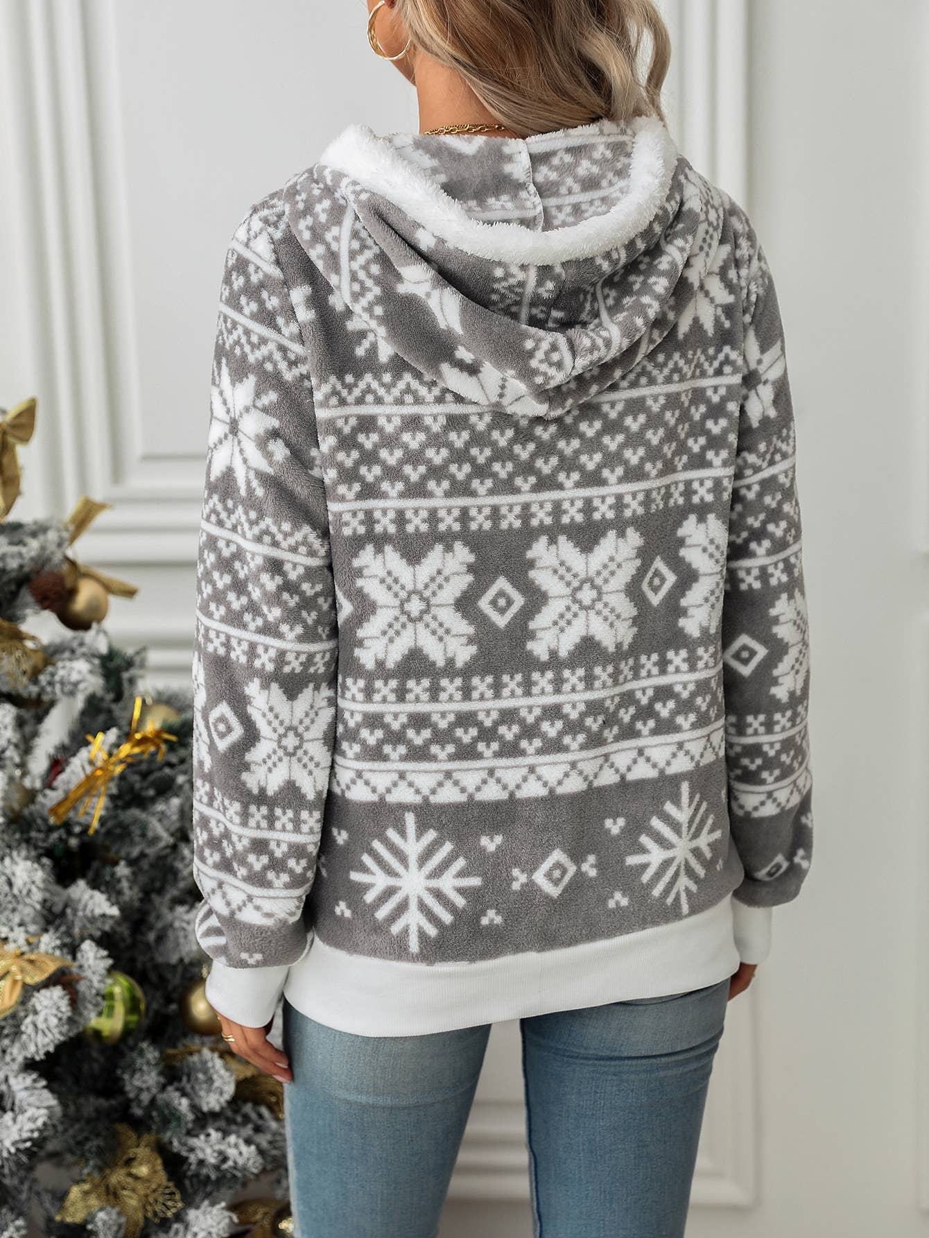 Hooded cardigan Christmas print fleece coat: Gray / (L) 1