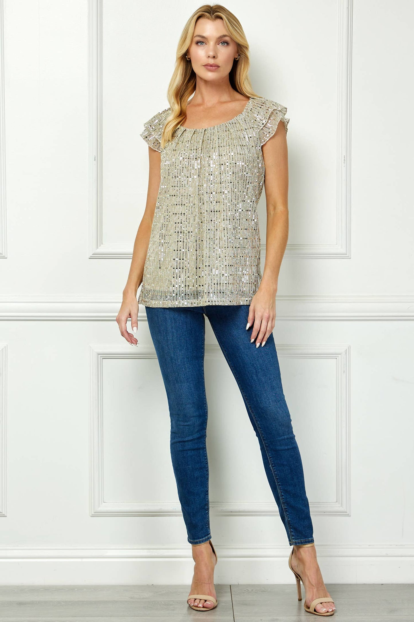 MOONLIGHT GLEAM PLEATED FLUTTER BLOUSE  : Red/Black/Red / XL