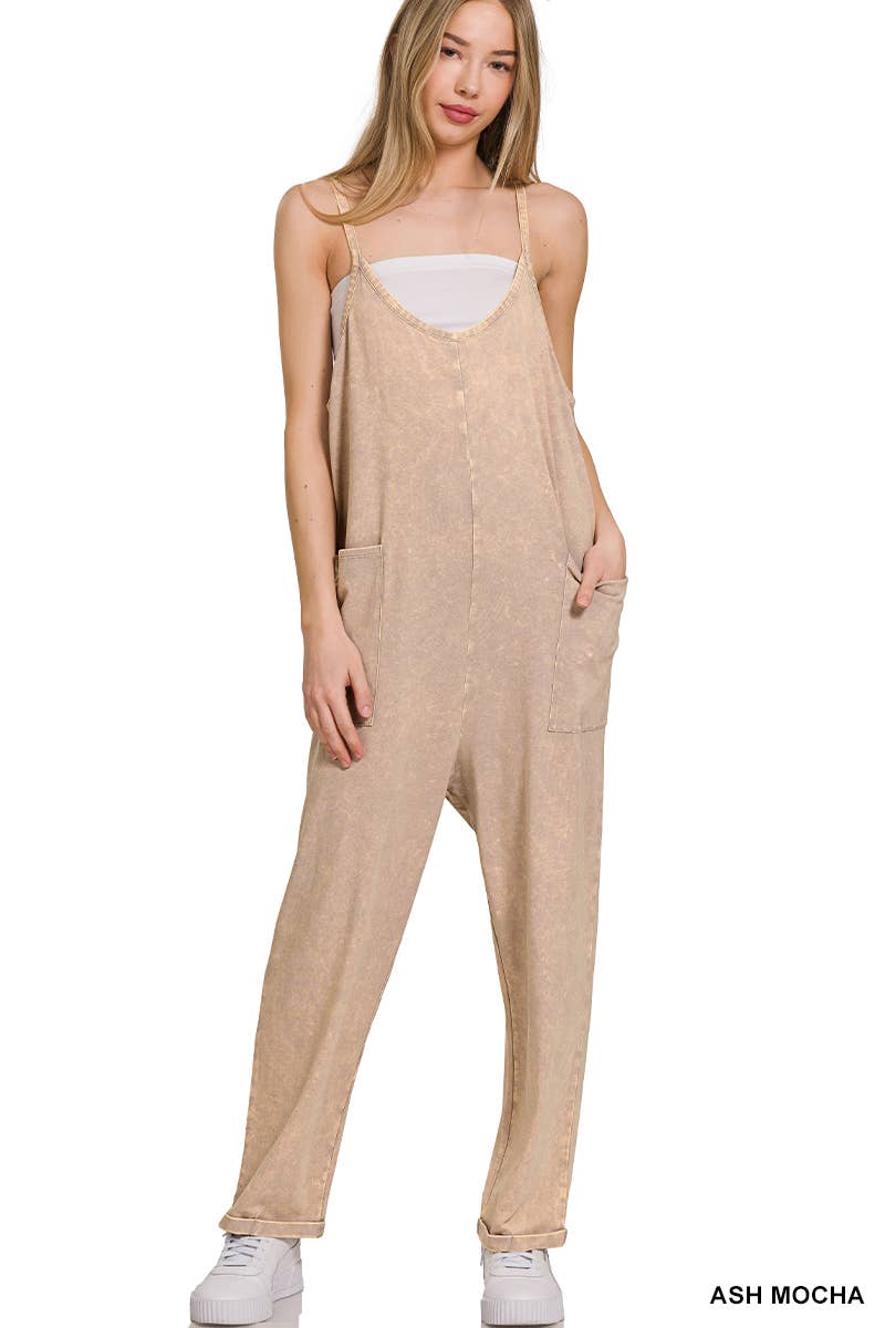 Washed Spaghetti Straps Overalls With Pockets: B LAVENDER