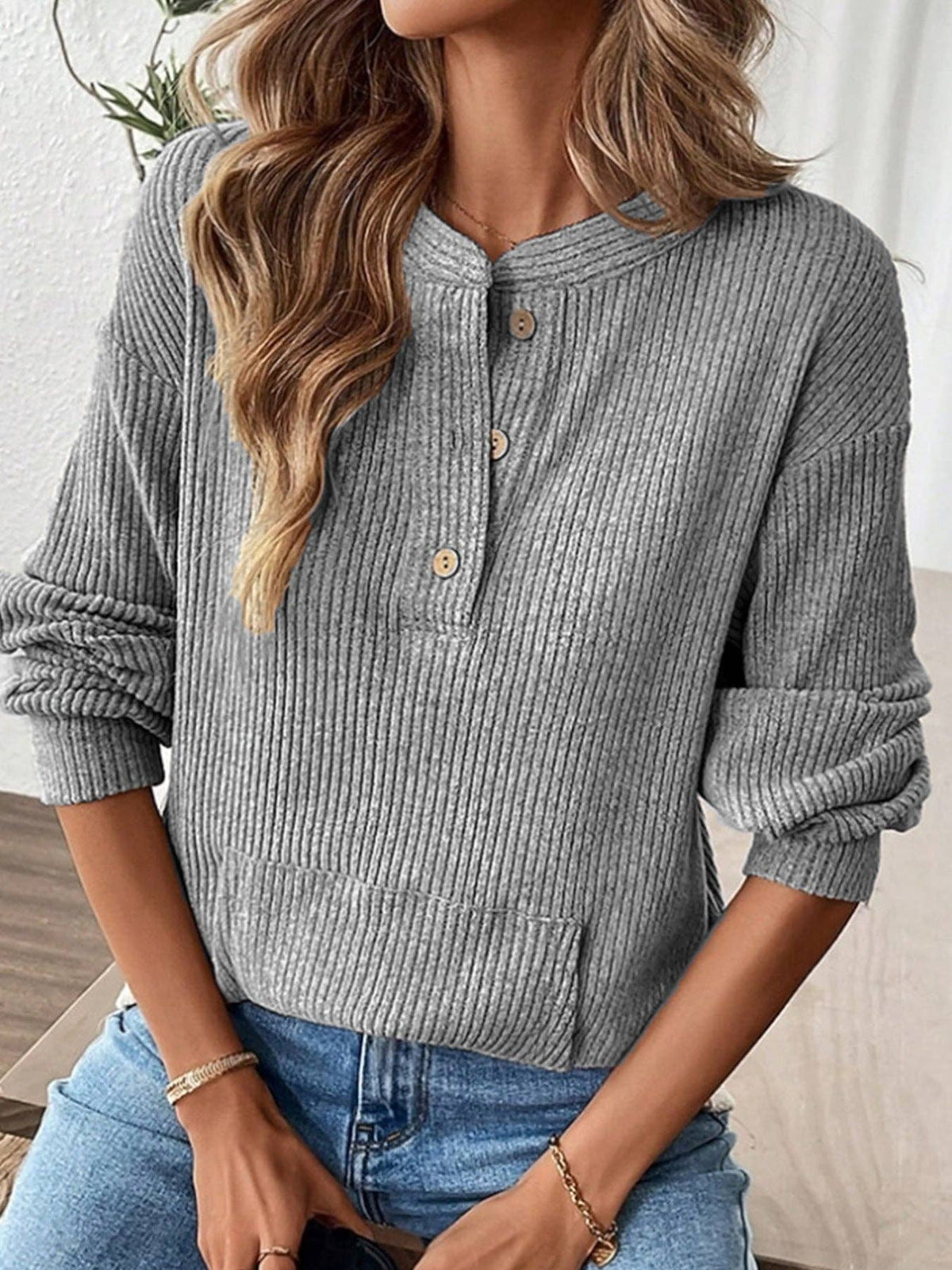 S Women's Oversized Ribbed Henley Long Sleeve Top: Gray / S