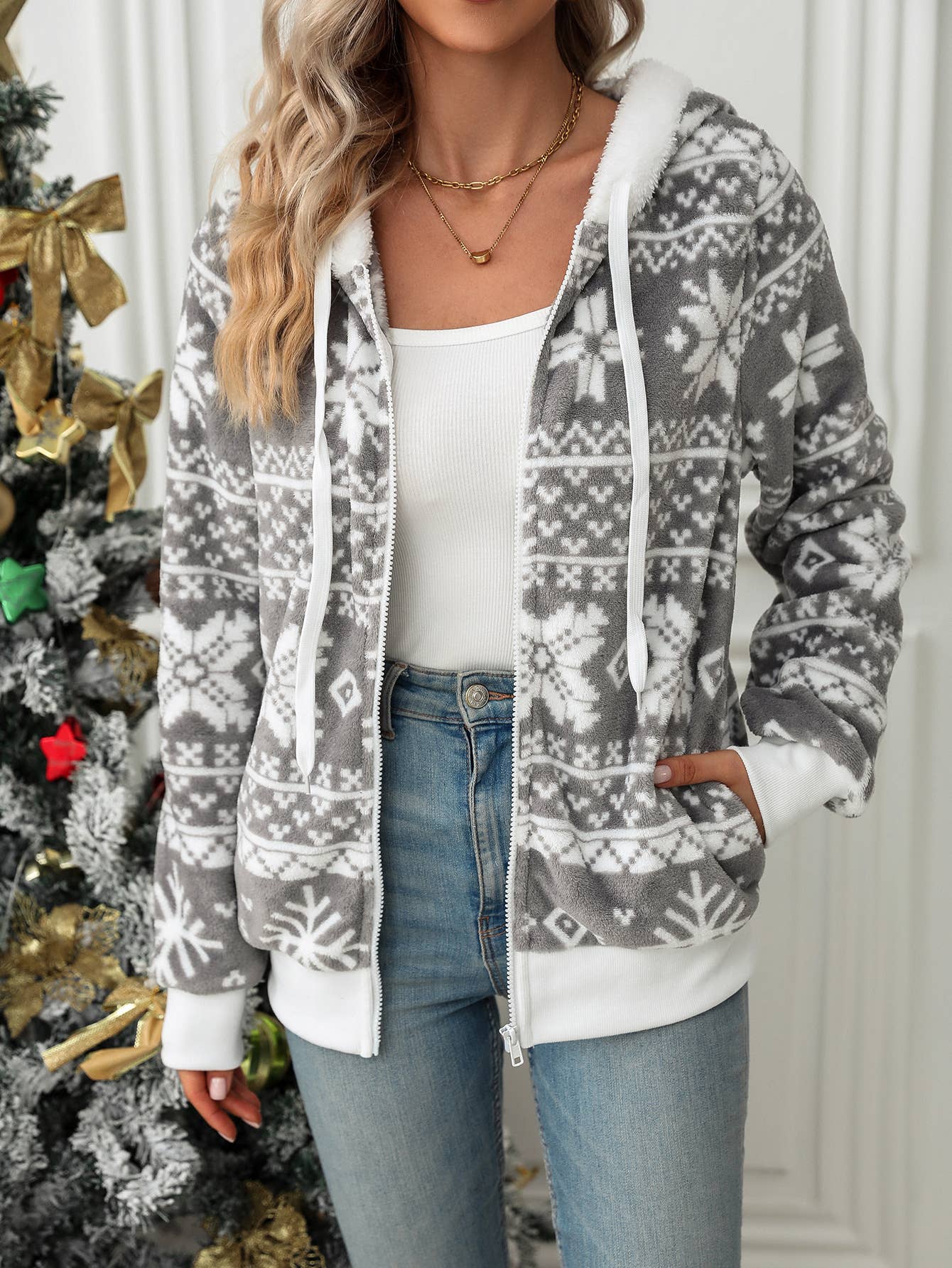 Hooded cardigan Christmas print fleece coat: Gray / (XL) 1
